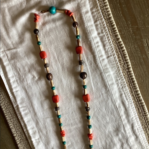 Turquoise, coral, and natural dried seed or wooden beads. - Picture 3 of 3